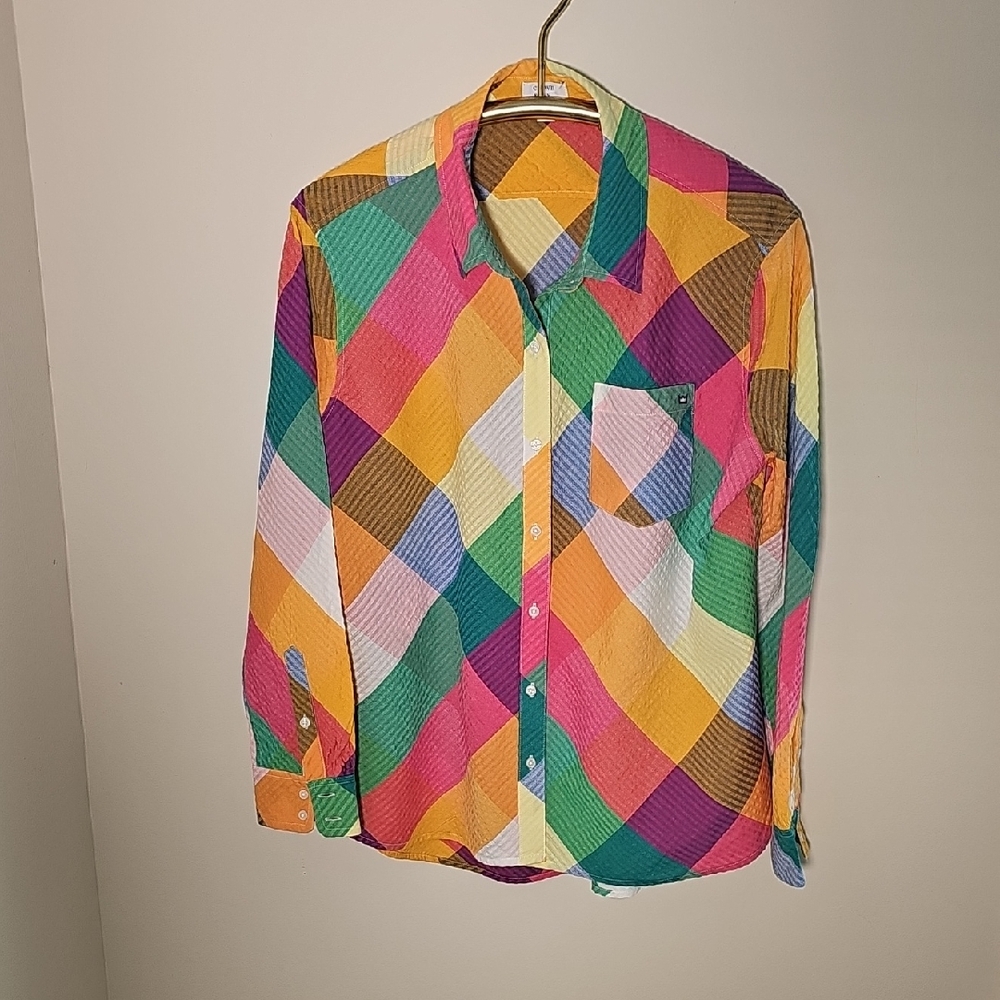 Crown & Ivy Colorful Plaid Button Down Shirt. ‎ Size Large. 100% Cotton